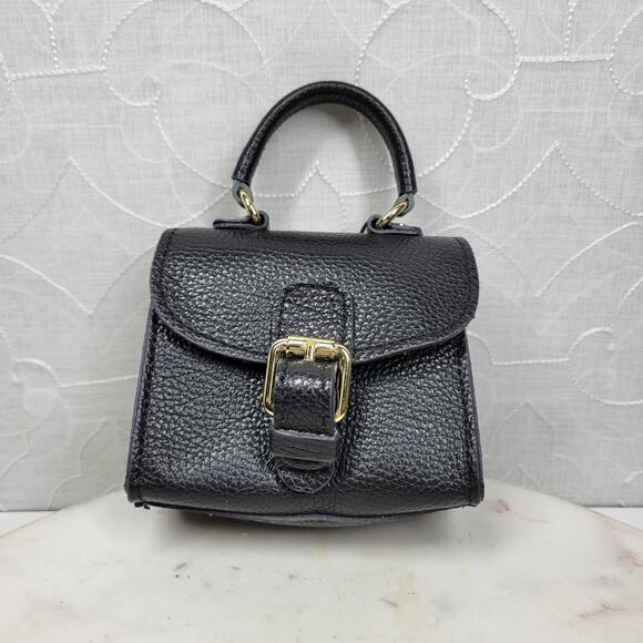 Vintage Italian Mini Black Leather Top Handle Bag Gold Buckle Made in Italy - Picture 2 of 16